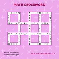 wiskunde kruiswoordraadsel puzzel voor kinderen. toevoeging en aftrekken. tellen omhoog naar 20. vector illustratie
