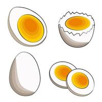een reeks van vier zacht gekookt eieren - voor de helft, in schelp, gesneden en geheel. vector voorraad illustratie in vlak tekenfilm stijl Aan een wit achtergrond. geschikt voor web, pictogrammen en banier
