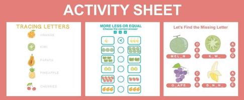 3 in 1 werkzaamheid voor kinderen. leerzaam afdrukbare werkblad. fruit werkblad thema. vector illustraties.