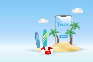 reizen vakantie Bij zomer tropisch strand eiland met surfplank, palm bomen en zwemmen ring Aan smartphone. 3d vector illustratie.