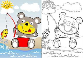 schattig beer visvangst Aan blauw lucht achtergrond, glimlachen zon achter wolken, kleur boek of bladzijde, vector tekenfilm