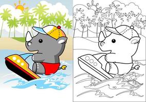 schattig neushoorn spelen Jet ski in de strand, vector tekenfilm, kleur boek of bladzijde