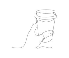 abstract hand- met een kop van koffie , hand getekend, doorlopend mono lijn, een lijn kunst, contour tekening vector