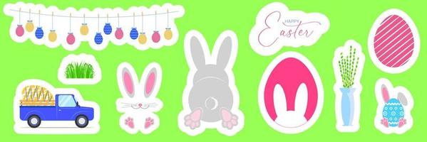 reeks van Pasen stickers. Pasen symbolen en elementen net zo eieren, konijn, de lente. gelukkig Pasen. vector illustratie.
