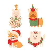 Kerstmis honden tekenfilm tekens set. schattig honden van verschillend rassen gekleed in Kerstmis kostuums met vakantie decoraties. winter, nieuw jaar feestelijk vector illustratie.