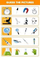 onderwijs spel voor kinderen Raad eens de correct afbeeldingen van schattig tekenfilm stopwatch microscoop vergrootglas injectiespuit beker afdrukbare gereedschap werkblad vector