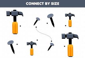 leerzaam spel voor kinderen aansluiten door de grootte van schattig tekenfilm hamer en nagel afdrukbare gereedschap werkblad vector