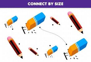 leerzaam spel voor kinderen aansluiten door de grootte van schattig tekenfilm potlood en gom afdrukbare gereedschap werkblad vector