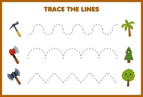onderwijs spel voor kinderen handschrift praktijk spoor de lijnen met schattig tekenfilm pikhouweel bijl Actie naar boom afbeelding gereedschap werkblad vector