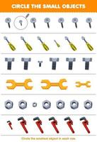onderwijs spel voor kinderen cirkel de kleinste voorwerp in elk rij van schattig tekenfilm schroef schroevedraaier bout moersleutel noot afdrukbare gereedschap werkblad vector