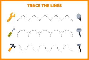 onderwijs spel voor kinderen handschrift praktijk spoor de lijnen met schattig tekenfilm moersleutel schroevedraaier hamer Actie naar bout schroef nagel afbeelding gereedschap werkblad vector