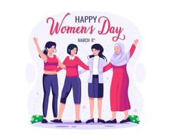 groep van Dames van verschillend races staand samen en Holding handen. vrouw solidariteit. Internationale vrouwen dag concept illustratie vector