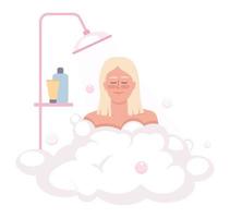 gelukkig blond vrouw het baden met douche gel bubbels semi vlak kleur vector karakter. bewerkbare figuur. voor de helft lichaam persoon Aan wit. gemakkelijk tekenfilm stijl illustratie voor web grafisch ontwerp en animatie