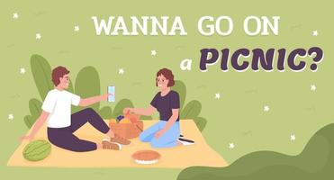 wil ik Gaan Aan picknick vlak vector banier sjabloon. romantisch datum. resting in park met het beste vriend poster, brochure afdrukbare kleur ontwerpen. bewerkbare folder bladzijde met tekst ruimte