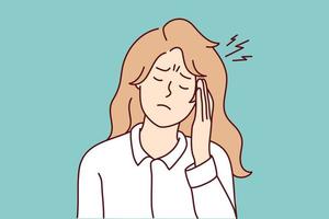 ongelukkig jong vrouw lijden van migraine of hoofdpijn. ongezond meisje worstelen met hoofd spasme hebben Gezondheid problemen. geneeskunde en gezondheidszorg. vector illustratie.
