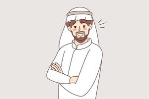 portret van Arabisch Mens in traditioneel kleding. glimlachen Arabisch mannetje in thobe volgen moslim cultuur en traditioneel. vector illustratie.