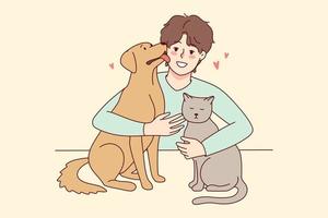 gelukkig Mens met kat en hond tonen liefde en zorg. glimlachen vent met huisdieren genieten huiselijk dieren bedrijf. vector illustratie.