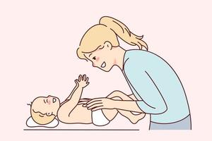 glimlachen jong moeder spelen met pasgeboren baby. gelukkig mam hebben pret strelen zuigeling Aan tafel. moederschap en ouderschap. vector illustratie.