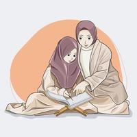 een dochter leert de al-koran met haar moeder Bij huis vector illustratie pro downloaden