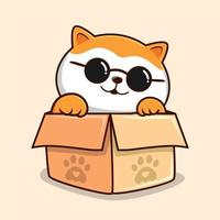 kat in de doos tekenfilm - schattig wit oranje kutje kat koel met bril vector