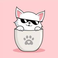 kat in mok illustratie met zonnebril - schattig wit kutje kat in cups mok vector