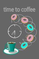 koffie kop klok ontbijt tijd heerlijk donuts Aan grijs achtergrond koffie winkel vector