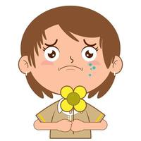 meisje Holding bloem huilen gezicht tekenfilm schattig vector