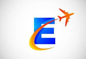 eerste e alfabet met een swoosh en vliegtuig logo ontwerp. geschikt voor reizen bedrijven of bedrijf vector