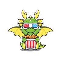 schattig draak aan het eten popcorn en kijk maar 3d film tekenfilm vector illustratie. vector tekenfilm illustratie geschikt voor poster, brochure, web, mascotte, sticker, logo en icoon.