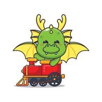 schattig draak mascotte tekenfilm karakter rijden Aan trein. vector