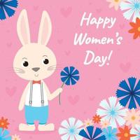 kaart voor 8 maart met schattig konijn vervelend pak met bloemen en tekst gelukkig vrouwen dag vector