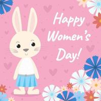 kaart voor 8 maart met schattig konijn meisje met bloemen en tekst gelukkig vrouwen dag vector