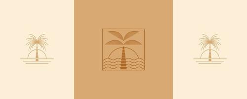 handpalmen, zee en zonsopkomst vector set. elegant palm en strand logo ontwerp lijn icoon vector in luxe stijl schets lineair. premie boetiek, sieraden, vakantie, toerisme embleem logo ontwerp set.