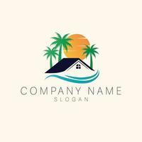 huis, palmen en zon logo vector illustratie. luxe vakantie logo. zomer reizen logo sjabloon.