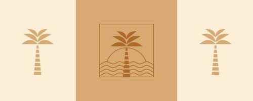 handpalmen, zee en zonsopkomst vector set. elegant palm en strand logo ontwerp lijn icoon vector in luxe stijl schets lineair. premie boetiek, sieraden, vakantie, toerisme embleem logo ontwerp set.