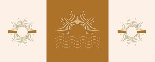 zon en golven vector set. elegant zonsondergang zonsopkomst en zee logo ontwerp lijn icoon vector in luxe stijl schets lineair. premie boetiek, sieraden, bruiloft salon embleem logo ontwerp set.