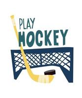 Speel ijs hockey tekst en hockey apparatuur. vector