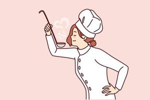 vrouw koken met pollepel in hand- probeert soep of saus van menu voorbereidingen treffen schotel voor restaurant gasten. meisje in uniform en koken chef hoed kookt voedsel genieten van favoriete baan in cafe of diner vector