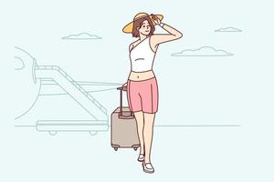 gelukkig vrouw met koffer in luchthaven klaar voor zomer vakantie. glimlachen meisje in hoed met bagage opgewonden over zomertijd vakantie. vector illustratie.