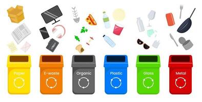 verspilling recycle concept. verschillend type van vuilnis met uitschot bak. vector