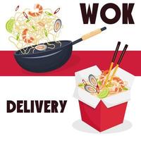 Chinese noedels wok levering banier, poster, sociaal media sjabloon. vector