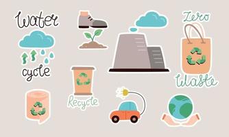 reeks van geïsoleerd vector vlak stickers. recyclen, behoud van de milieu en natuur, klimaat schade.