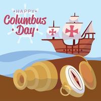 houten galjoen en een kompas Aan land- Columbus dag concept poster vector illustratie