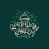 Ramadan kareem vector belettering en schoonschrift illustratie voor Islamitisch vakantie achtergrond, groet kaart, kalender, poster, banier, sociaal media sjabloon. hand- getrokken typografie met maan en moskee.