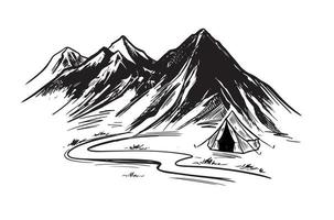 berg landschap, camping in natuur, schetsen stijl, vector illustraties