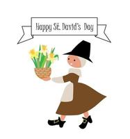 vrouw, meisje in traditioneel welsh kostuum vieren st davids dag met geel narcissen. vector