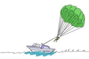 een enkele lijntekening van jonge sportieve man vliegen met parasailing parachute aan de hemel getrokken door een boot vector grafische illustratie. extreem sportconcept. modern ononderbroken lijntekeningontwerp