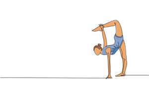 single doorlopend lijn tekening van jong schoonheid professioneel gymnast meisje uitvoeren verdieping oefening. ritmisch gymnastiek- opleiding en uitrekken concept. modieus een lijn trek ontwerp vector illustratie