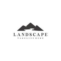 minimalistische landschap heuvels, berg pieken rivier- kreek silhouet logo ontwerp vector