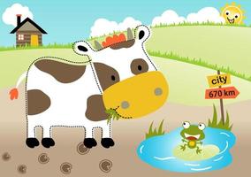 grappig koe en kikker in boerderij veld, vector tekenfilm illustratie